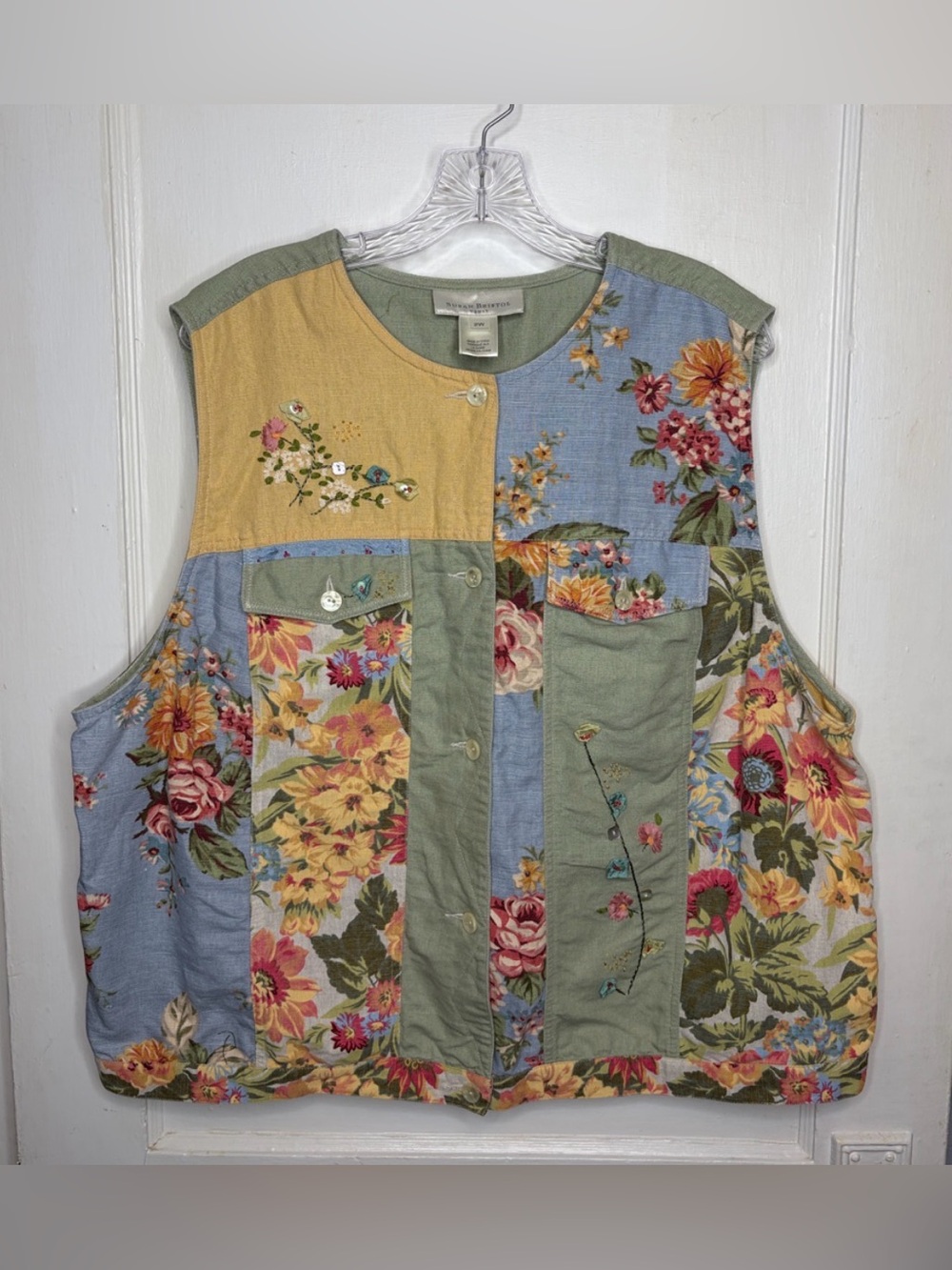 Susan Bristol Woman Size 2X Vintage Floral Patchwork Beaded Vest Linen Blend